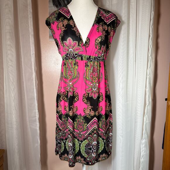 Y2K Bobbie Brooks V Neck Pink Abstract Mini Dress Size Medium Boho Fairy 90s - Picture 1 of 7